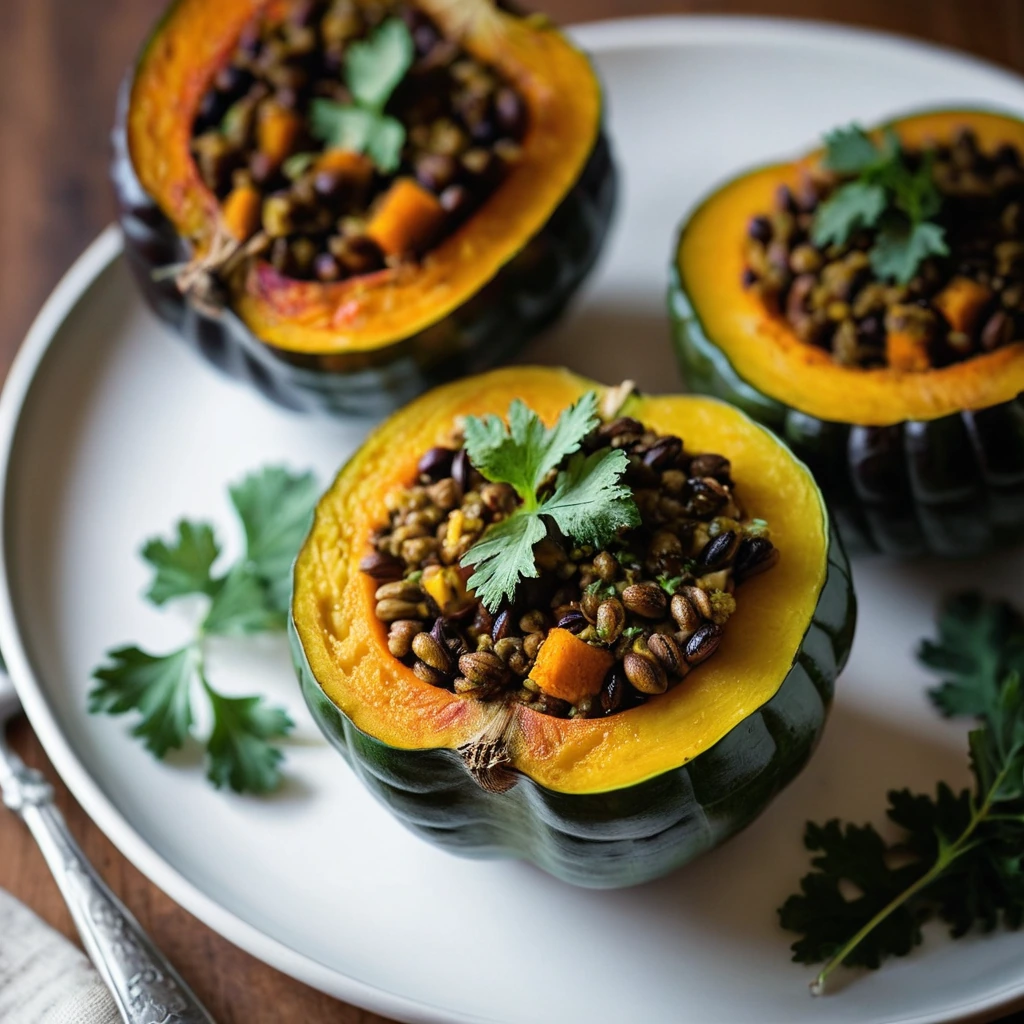 Two halved acorn squashes, golden brown and filled with a dark orange lentil mixture, garnished with fresh parsley on a rustic wooden board.