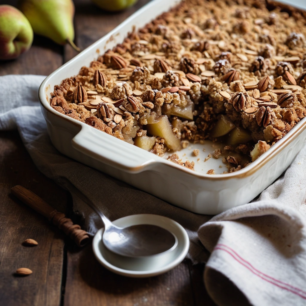 golden brown crumble topping over sliced pears in a rustic baking dish, sprinkled with cinnamon