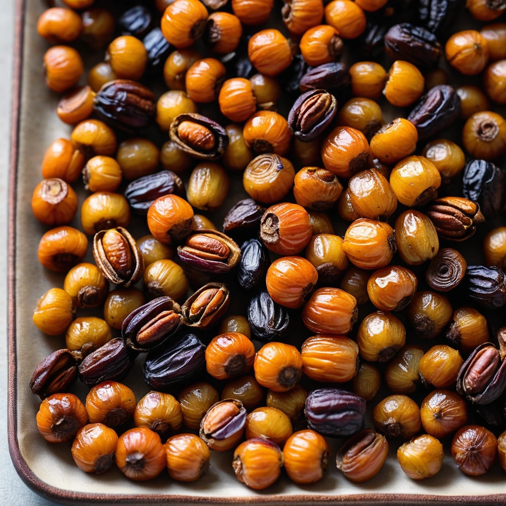 A golden roasted mix of chickpeas, vibrant orange carrots, and plump dates on a baking sheet.