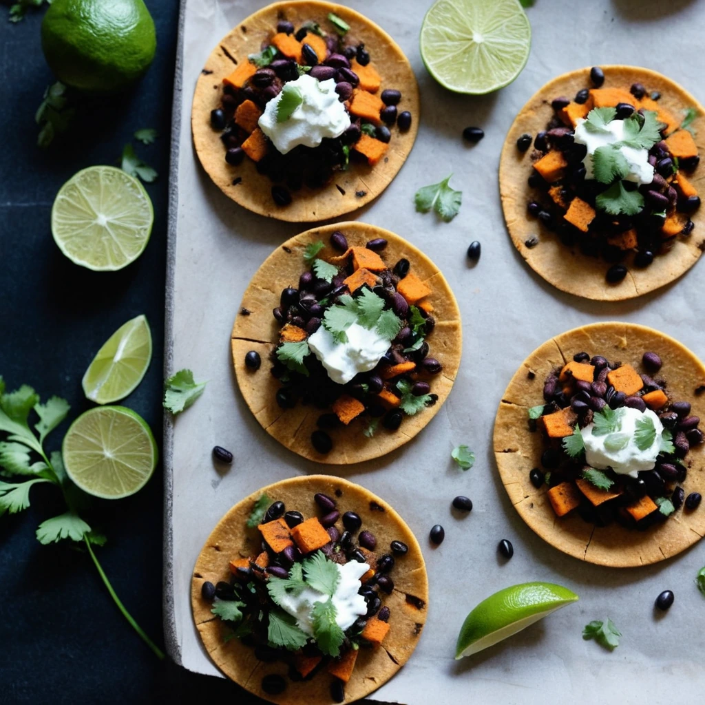 Golden tostadas with roasted sweet potato slices and black beans, garnished with fresh cilantro and lime wedges