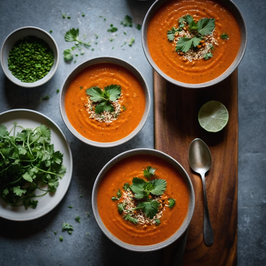 Steaming bowl of orange soup with red lentils and garnished with fresh cilantro.