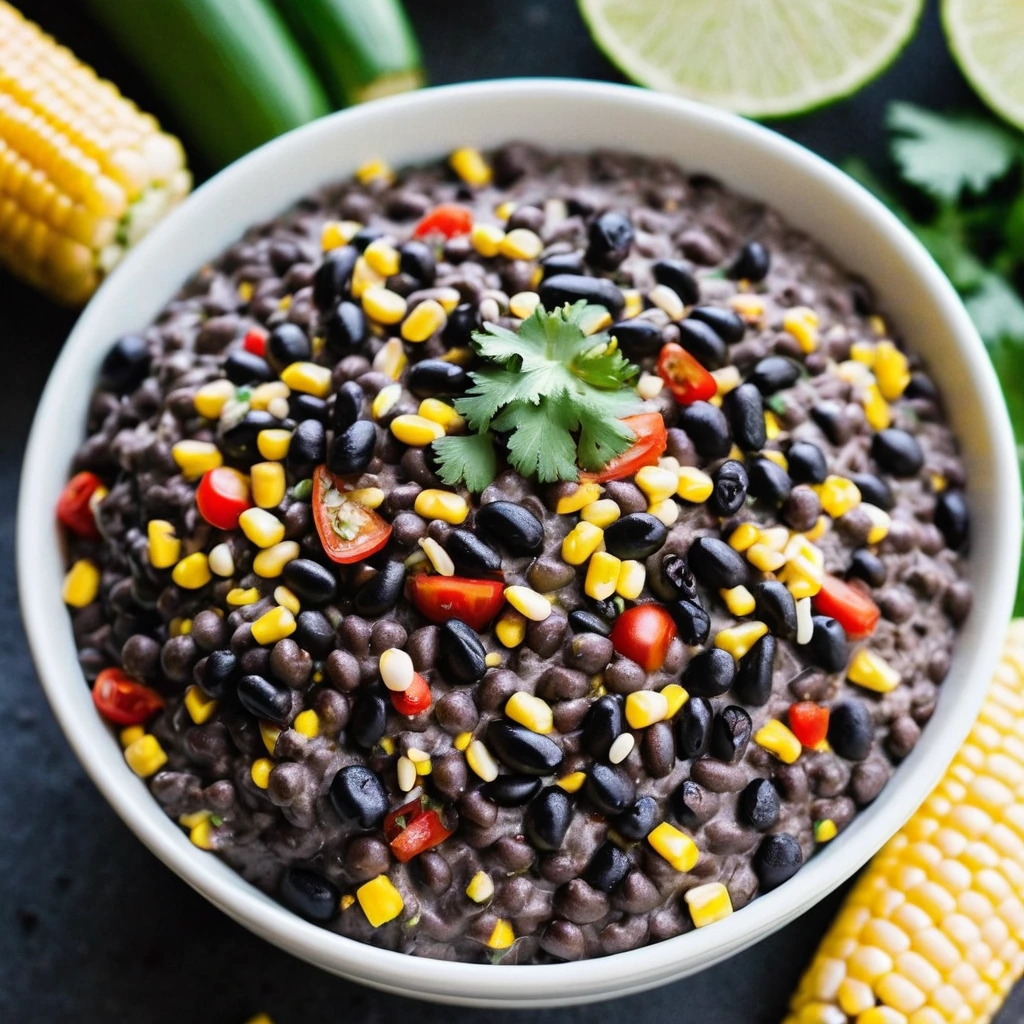 Creamy dip in a white bowl with black beans, yellow corn, and red pepper flakes sprinkled on top.
