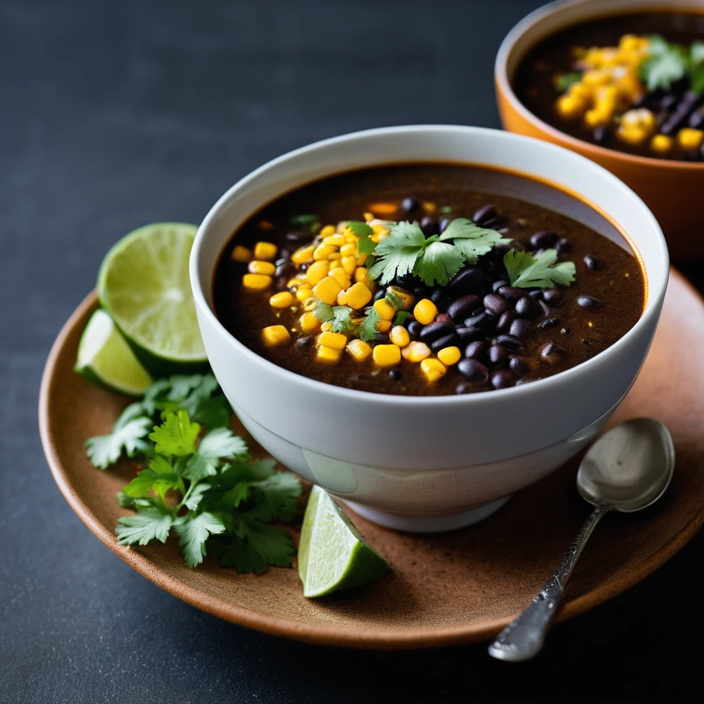 Steaming bowl of vibrant orange and black soup topped with fresh cilantro