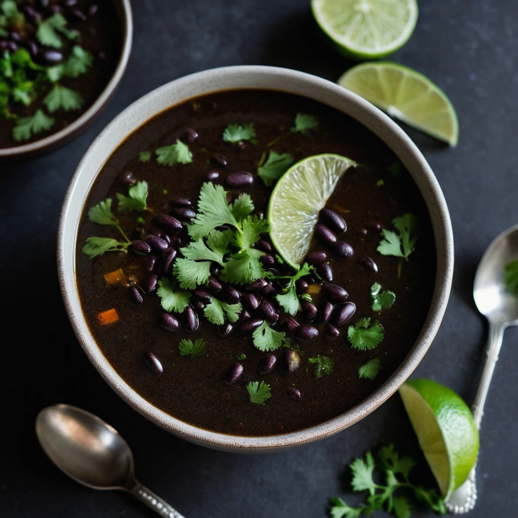 Steaming bowl of dark soup with lime slices and a sprinkle of cilantro on top