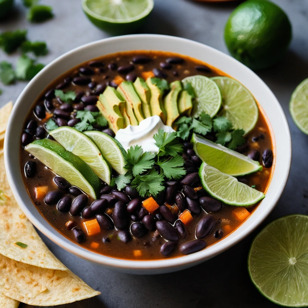 steaming bowl of orange and black soup with lime wedges and tortilla strips on top