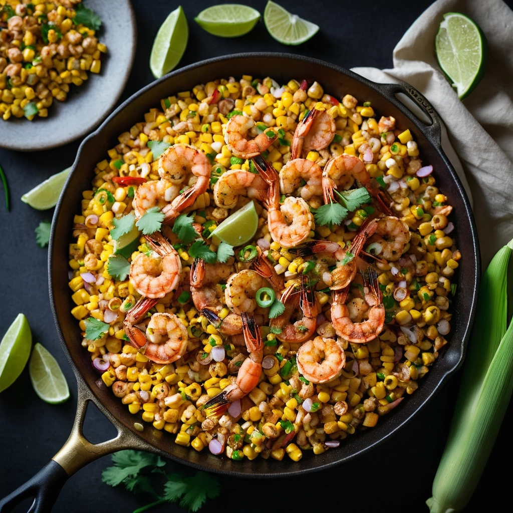 Colorful mix of shrimp and corn in a skillet with a golden crust and a sprinkle of green scallions.