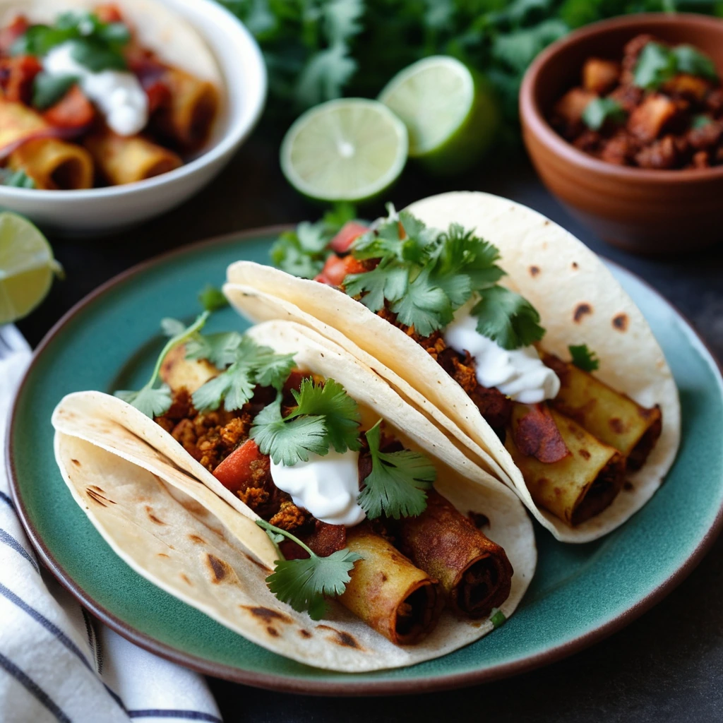 Golden brown tacos filled with crispy potatoes and vibrant red chorizo, garnished with fresh cilantro and a squeeze of lime.