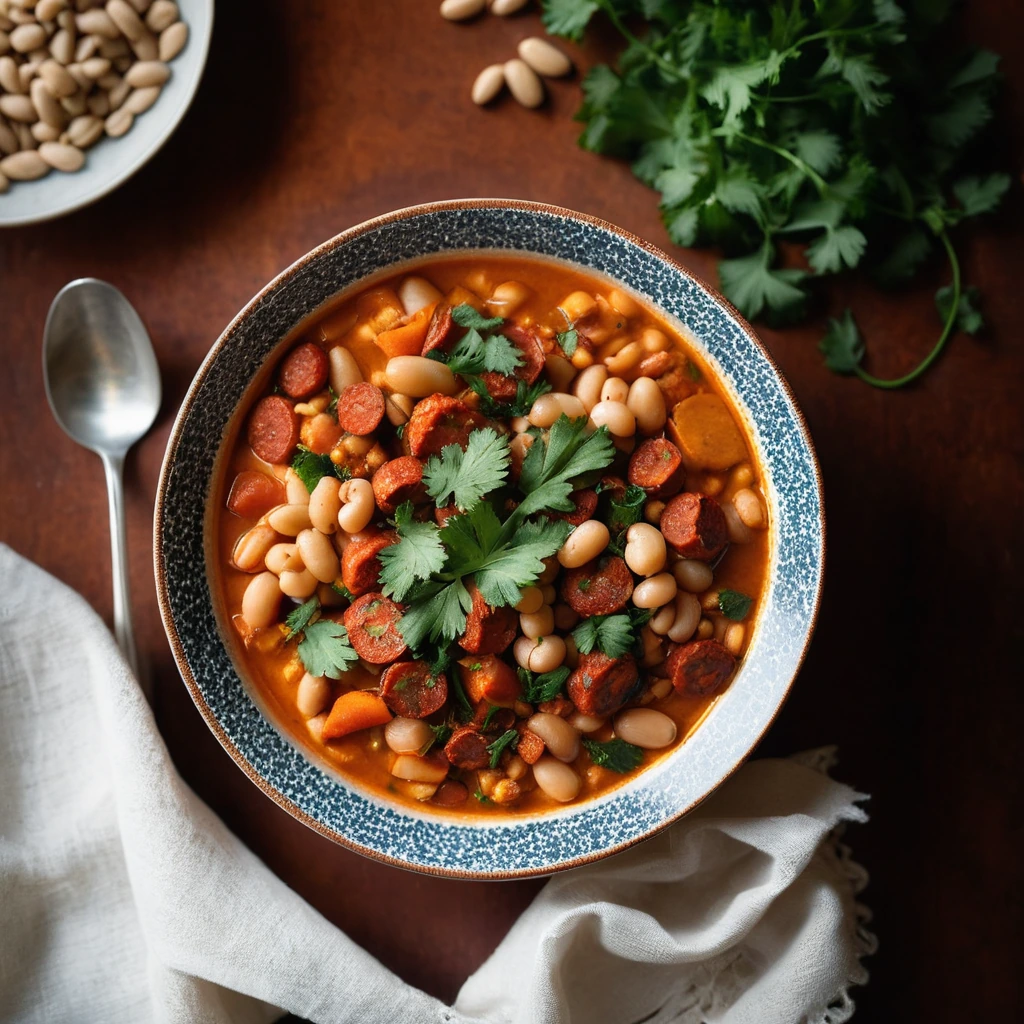 A rustic bowl of vibrant orange stew with chunks of chorizo and white beans, garnished with fresh cilantro.