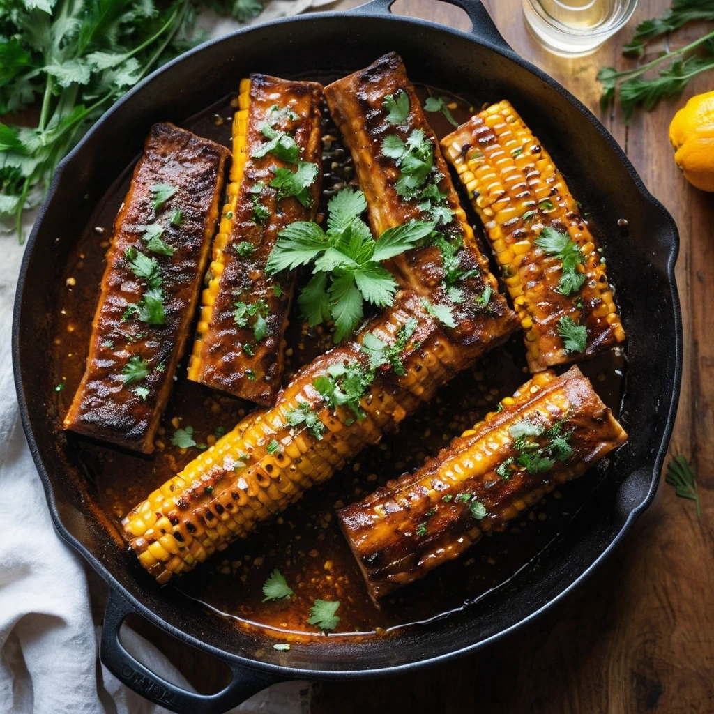 Corn ribs in a skillet with a glossy orange glaze, sprinkled with fresh herbs.