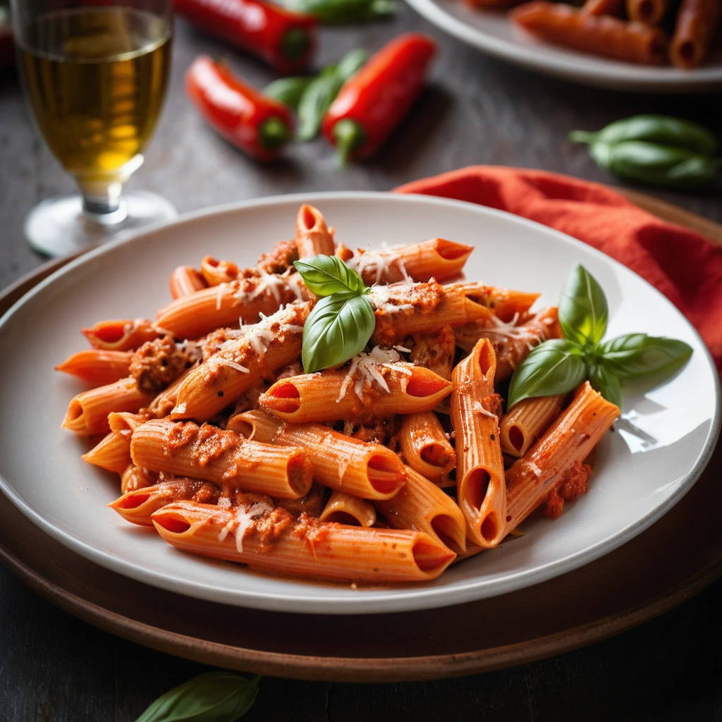 Penne pasta in a vibrant red sauce topped with spicy Italian sausage and roasted red pepper slices.