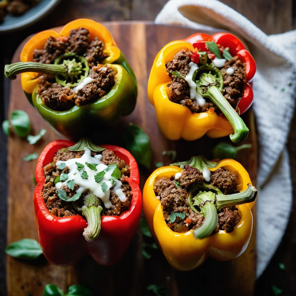 Four halved bell peppers filled with a meat mixture, topped with melted cheese, served on a rustic wooden board.