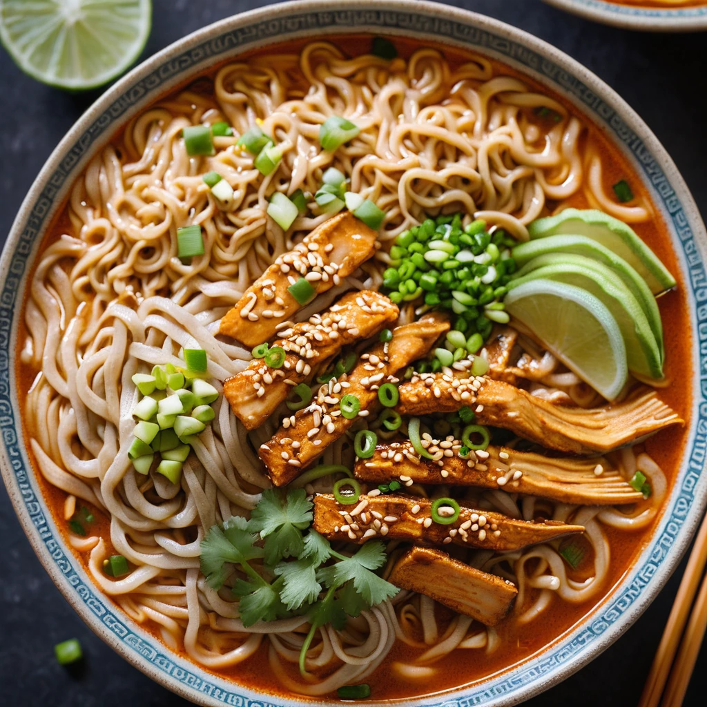 Bowl of ramen noodles topped with chicken and green onions in a vibrant orange sauce