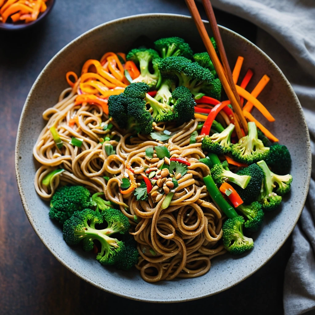 Vibrant stir-fry of noodles, broccoli, carrots, and bell peppers drizzled with orange peanut sauce in a serving bowl