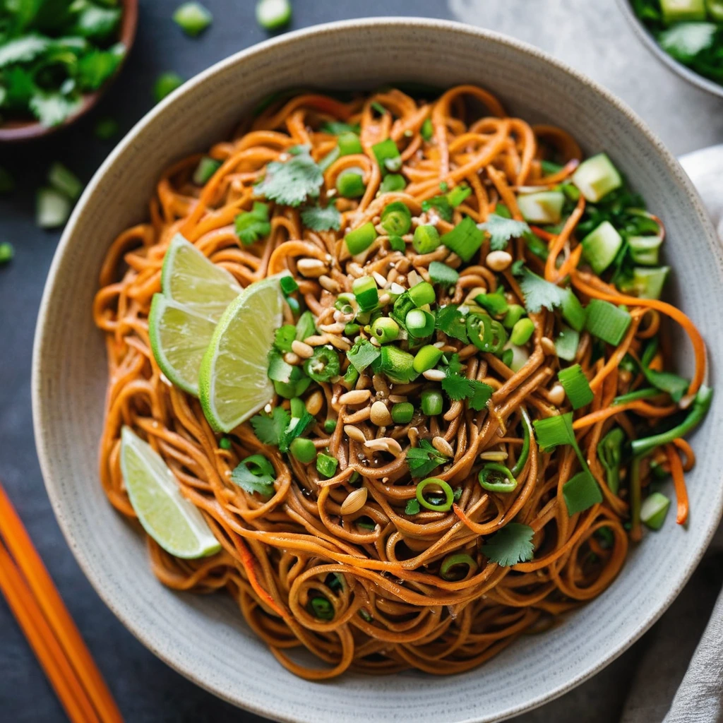 Vibrant orange noodles with green scallions, drizzled with a rich peanut sauce, served in a bowl.