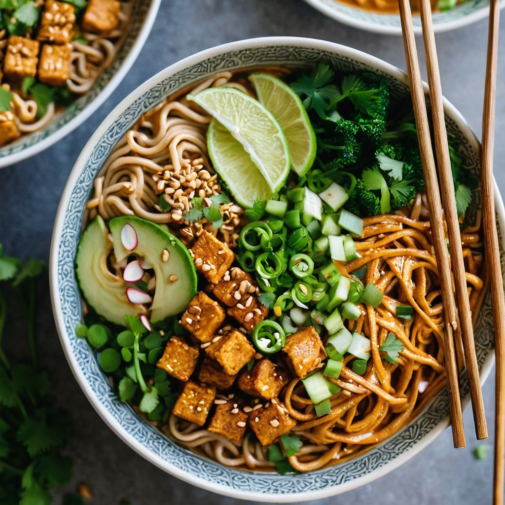 Vibrant bowl of noodles topped with crispy tofu and drizzled with orange peanut sauce, garnished with green scallions.