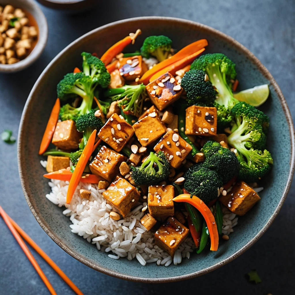 Colorful stir fry with golden tofu cubes, broccoli, bell peppers, and carrots in a glossy orange sauce, garnished with sesame seeds