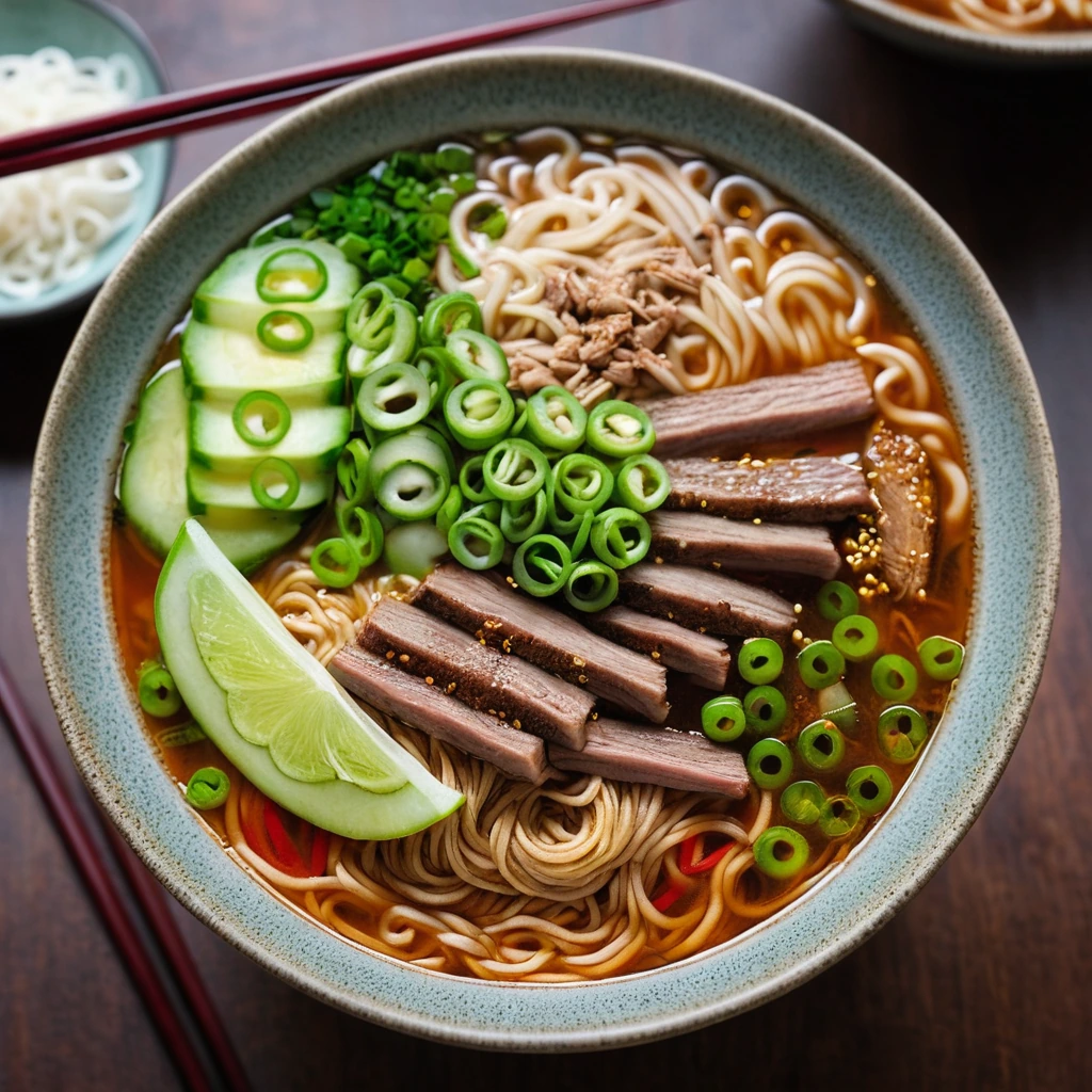 Bowl of spicy ramen with pork slices, topped with green onions and chili oil