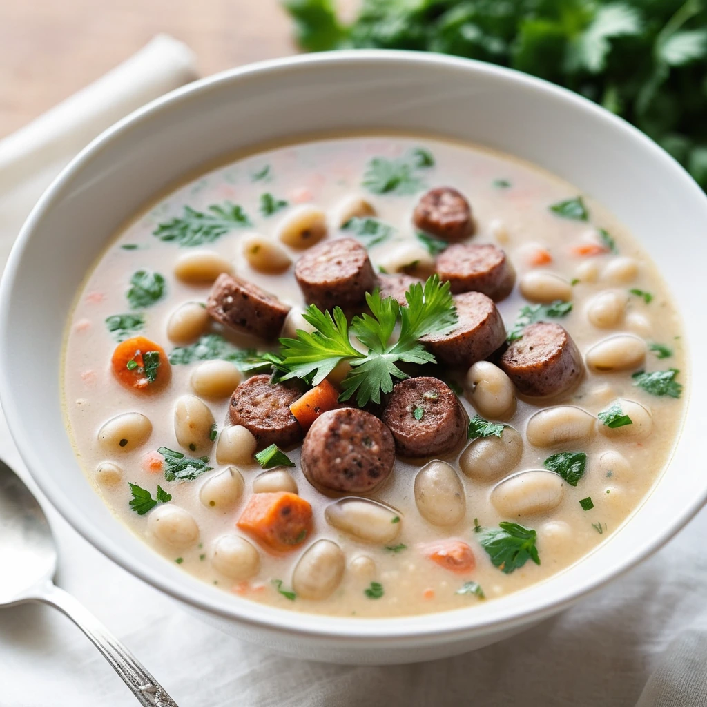 Bowl of creamy white bean soup with chunks of spicy sausage and fresh parsley sprinkled on top