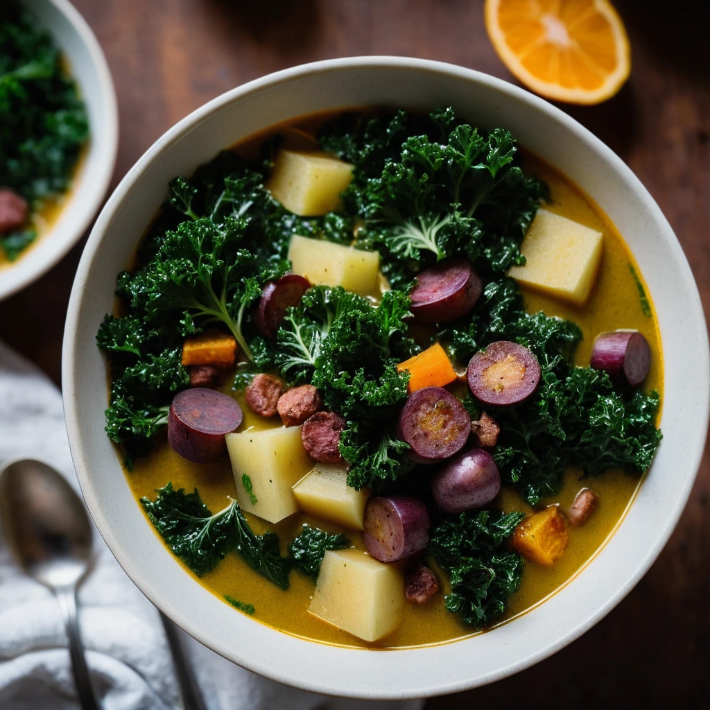 Bowl of vibrant green kale, orange potatoes, and red sausage chunks in a rich golden broth.