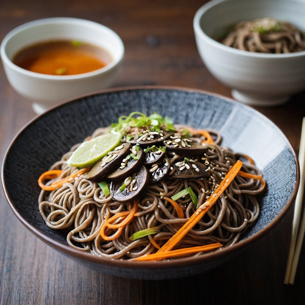 Bowl of dark brown soba noodles with sliced mushrooms in a glossy orange sauce, sprinkled with sesame seeds.