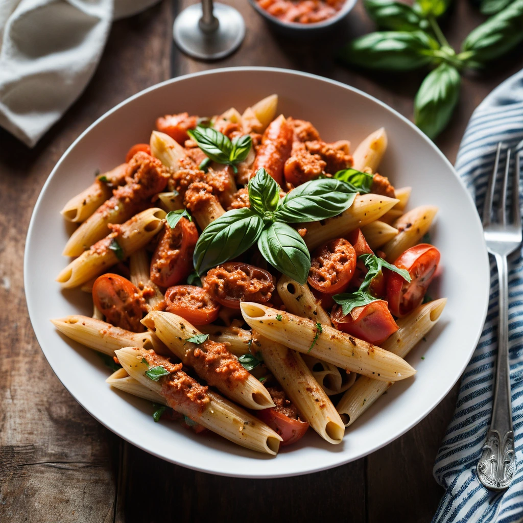 Penne pasta in a vibrant red sauce with crumbled spicy sausage and fresh basil leaves.