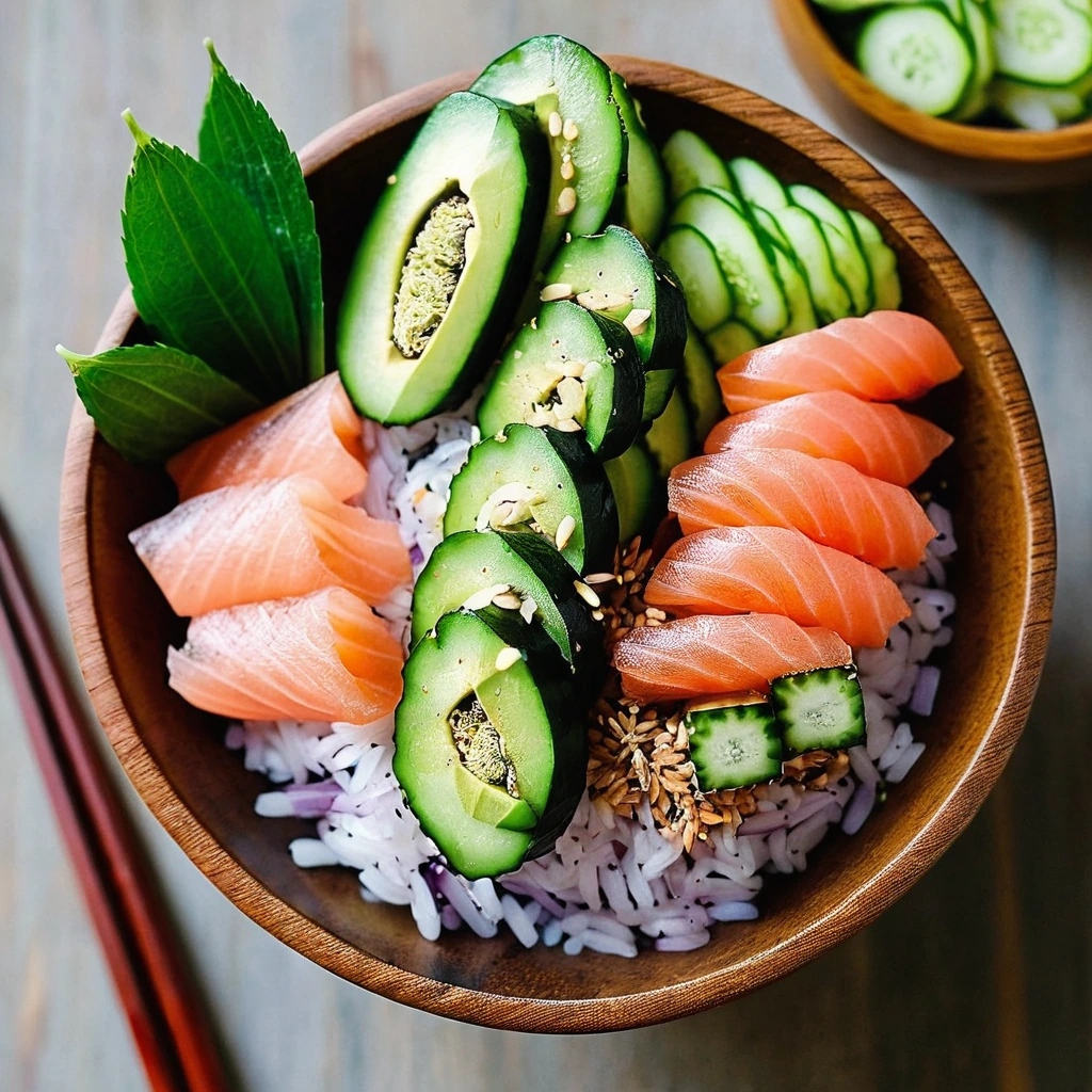 Colorful sushi bowl with pink spicy tuna, green cucumber slices, and a sprinkle of sesame seeds in a wooden bowl.