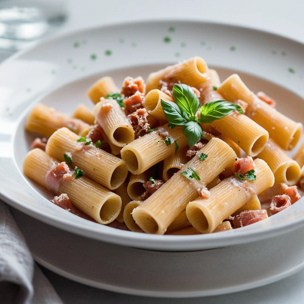 Plate of rigatoni pasta in a creamy pink sauce, topped with crispy pancetta and a sprinkle of fresh parsley.
