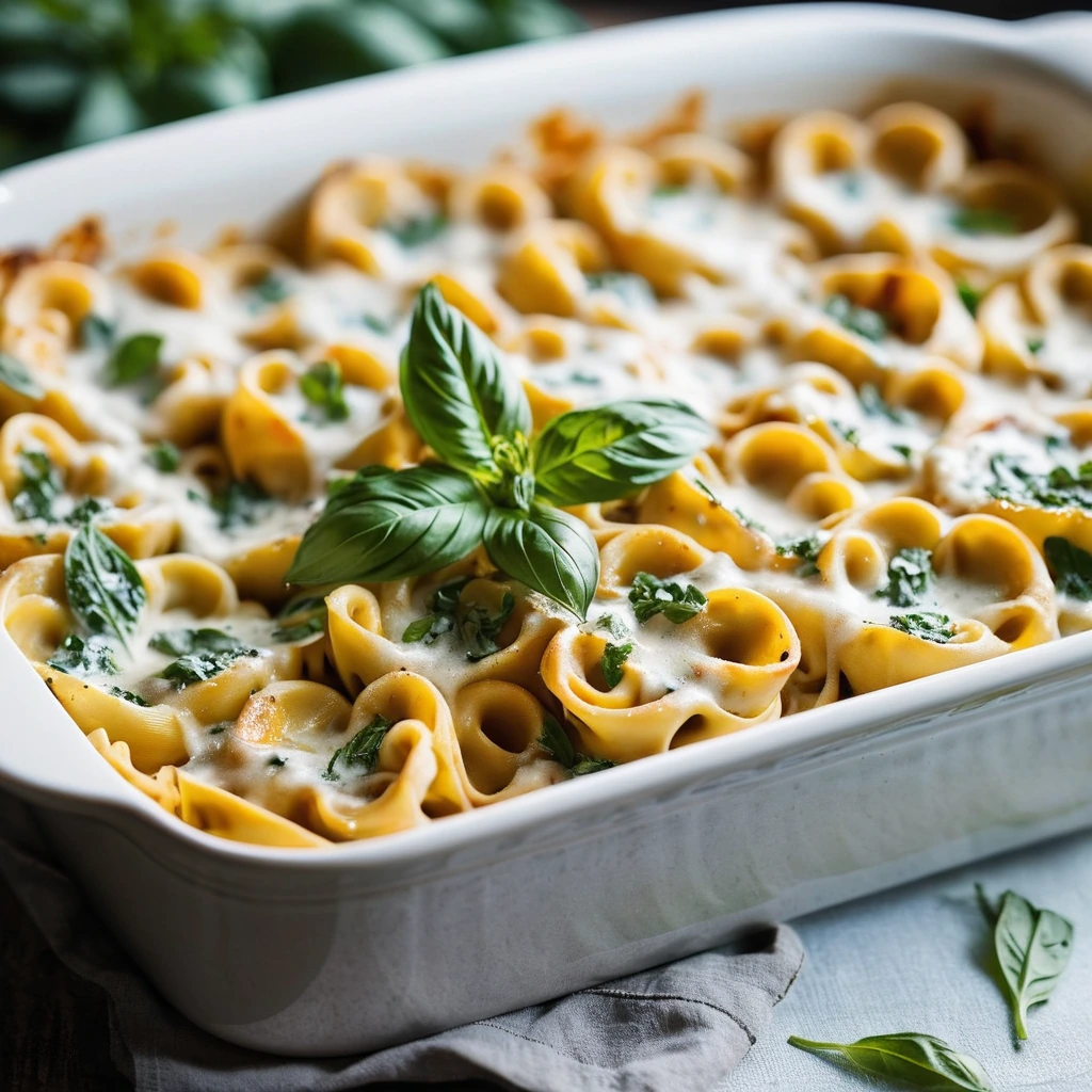 golden bubbly pasta bake in a casserole dish, topped with melted cheese and fresh basil