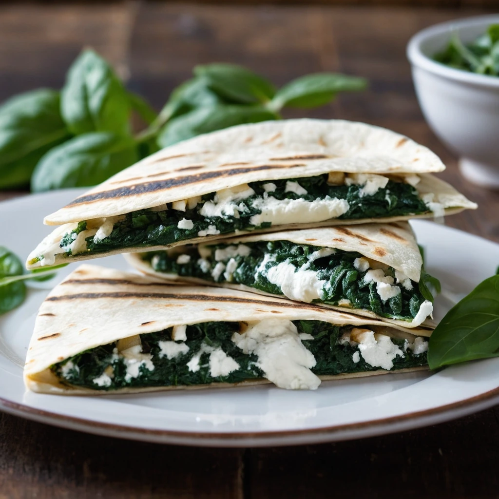 Golden quesadillas cut into wedges, filled with melted feta and vibrant green spinach, served on a rustic wooden board.
