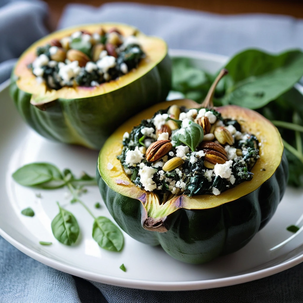 Two halves of roasted acorn squash filled with a green spinach and white feta mixture, garnished with fresh herbs.