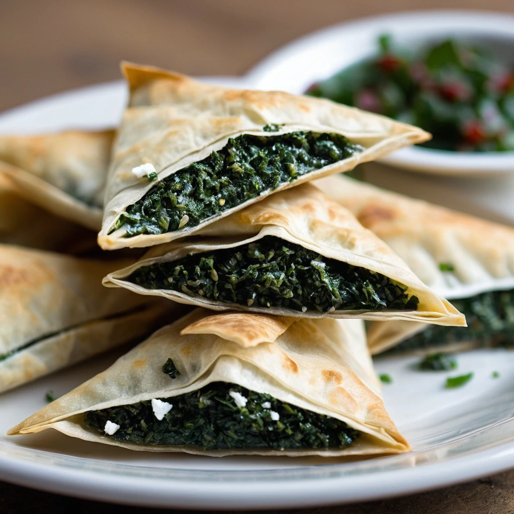 Golden phyllo triangles arranged on a platter with a sprinkle of parsley.