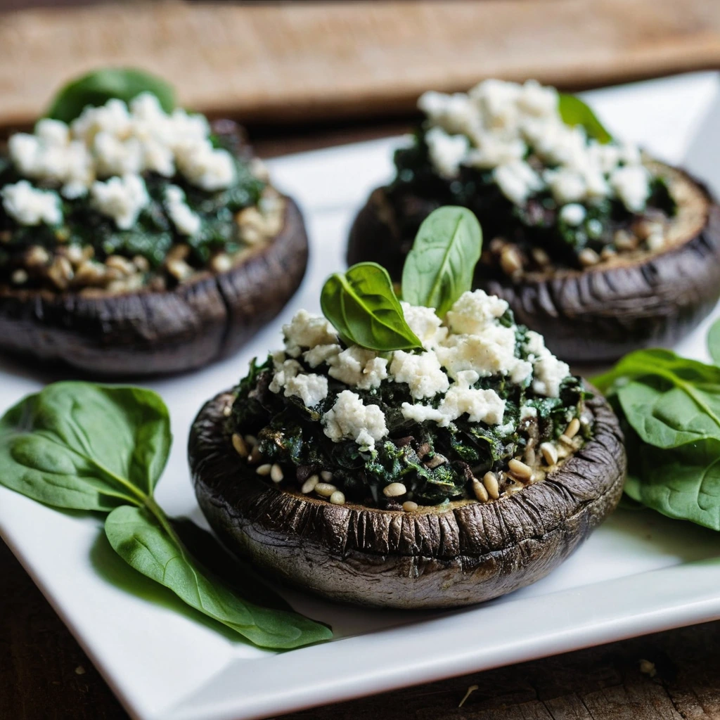 Four large portobello mushrooms, golden brown and stuffed with a vibrant green spinach and white feta mixture, arranged on a rustic wooden board.