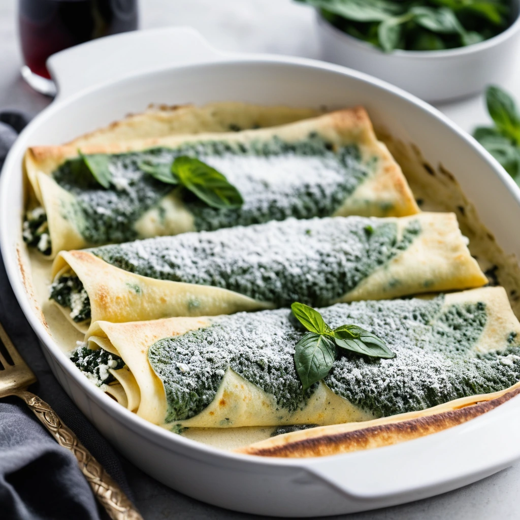 Baked crepes in a casserole dish with a golden bubbly top, green spinach peeking through, garnished with fresh parsley.