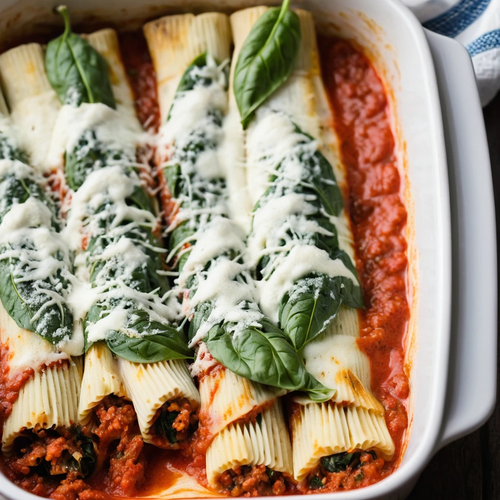 Baked manicotti shells in a casserole dish with marinara sauce and melted mozzarella cheese on top