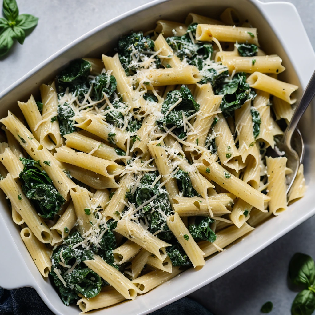 Golden bubbly pasta bake in a rectangular dish, topped with melted cheese and flecks of green spinach.