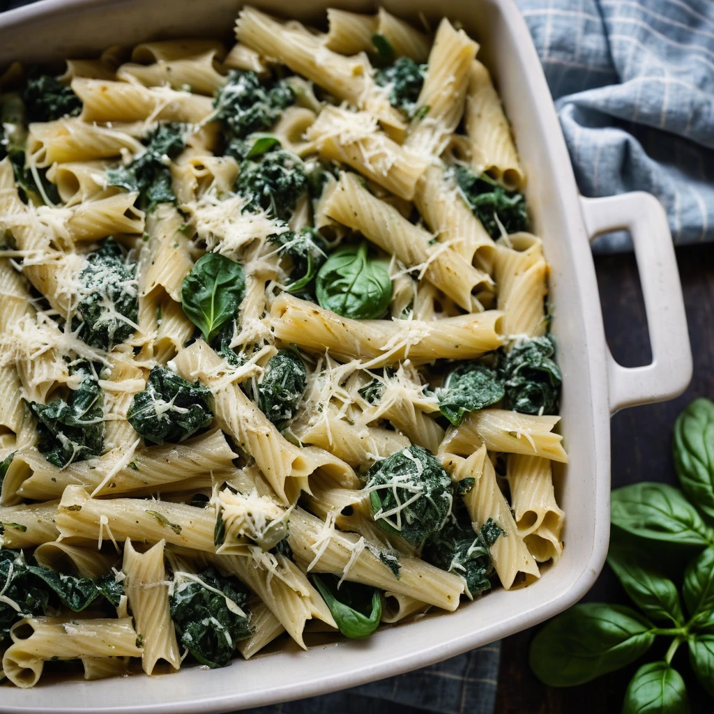 Baked pasta casserole with layers of spinach, artichoke hearts, chicken, and melted cheese in a golden-brown topping.