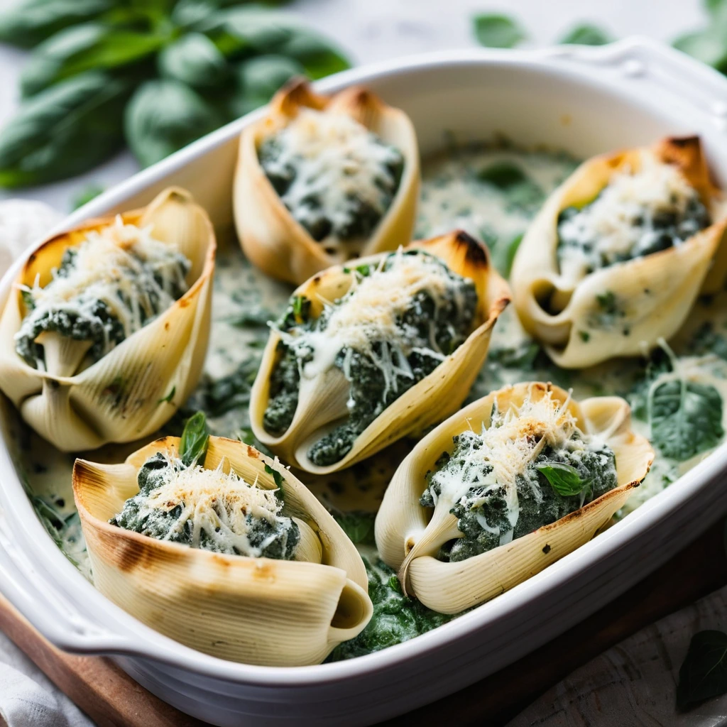 Golden-brown stuffed pasta shells arranged in a baking dish, topped with melted mozzarella and a sprinkle of parsley.