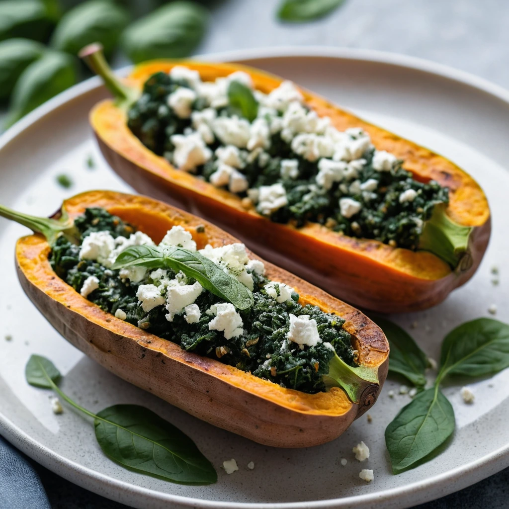 Four halved roasted sweet potatoes filled with a green spinach and feta mixture, garnished with fresh herbs.