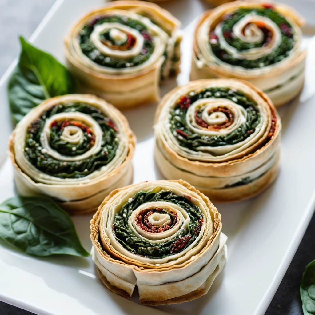 Golden phyllo pinwheels on a white plate with flecks of green spinach and red sun-dried tomato.