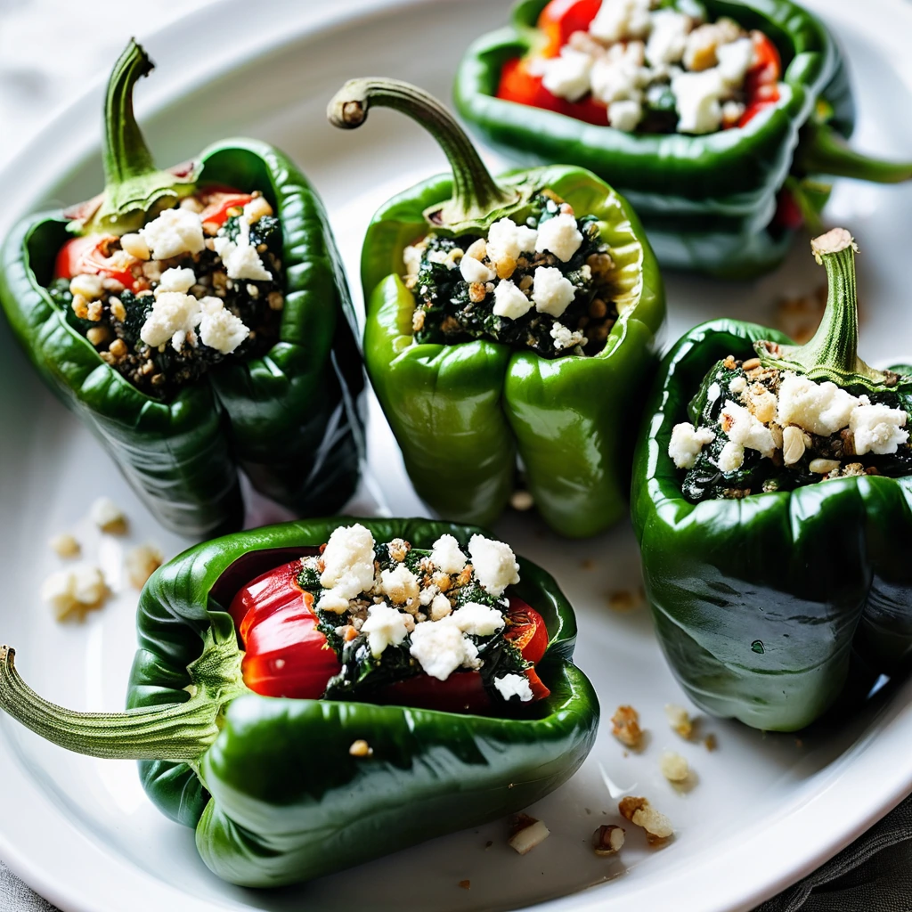 Four halved bell peppers filled with green spinach and feta cheese, oven-roasted to perfection.
