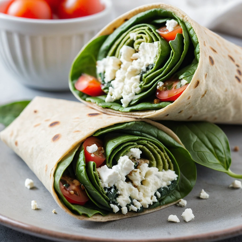 Golden breakfast wraps stuffed with vibrant spinach, feta, and red tomato slices.