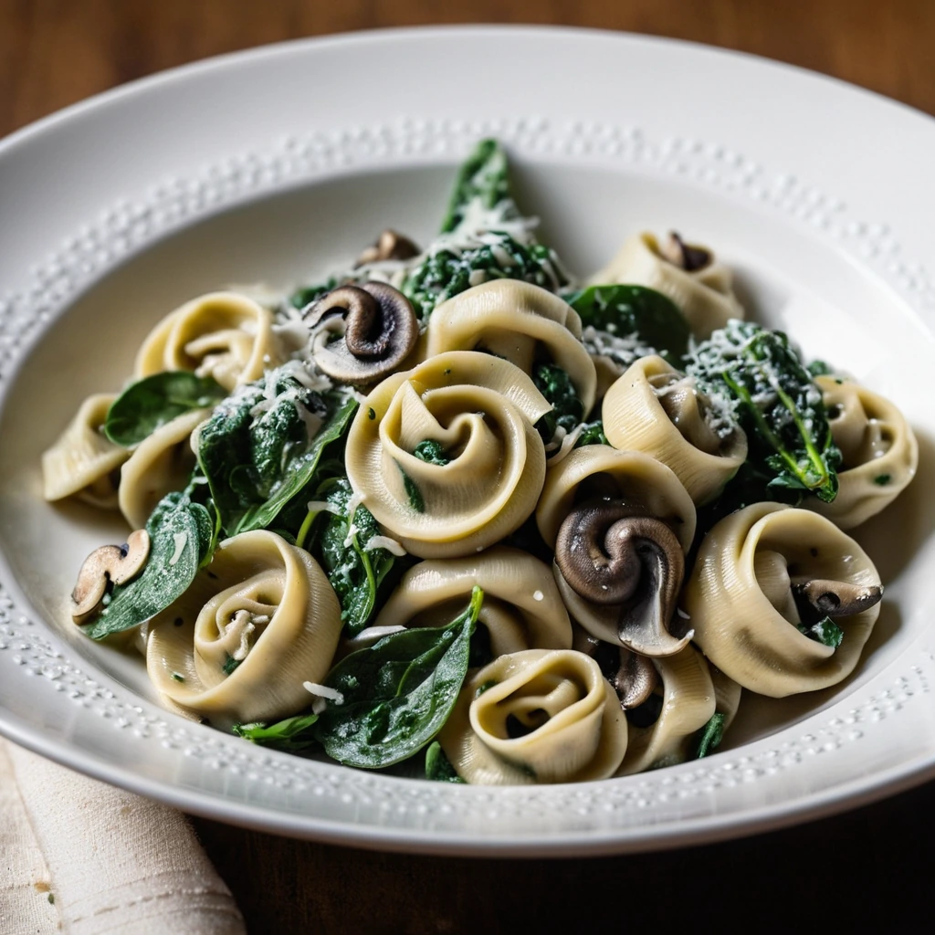 Tortellini pasta in a creamy sauce with spinach and mushrooms served in a warm bowl.