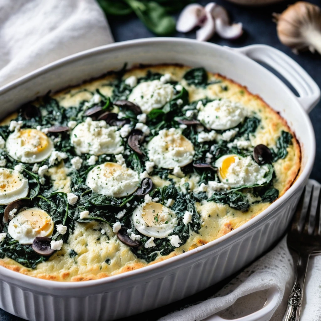 Golden egg bake in a casserole dish with green spinach and white feta cheese scattered on top