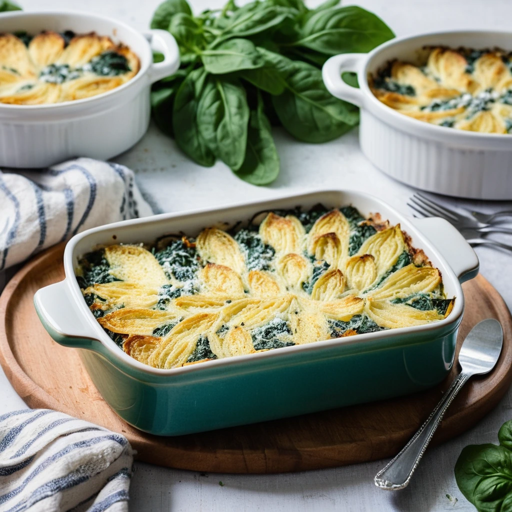 Baked dish of layered golden potatoes, spinach, and creamy ricotta topped with bubbly melted cheese.