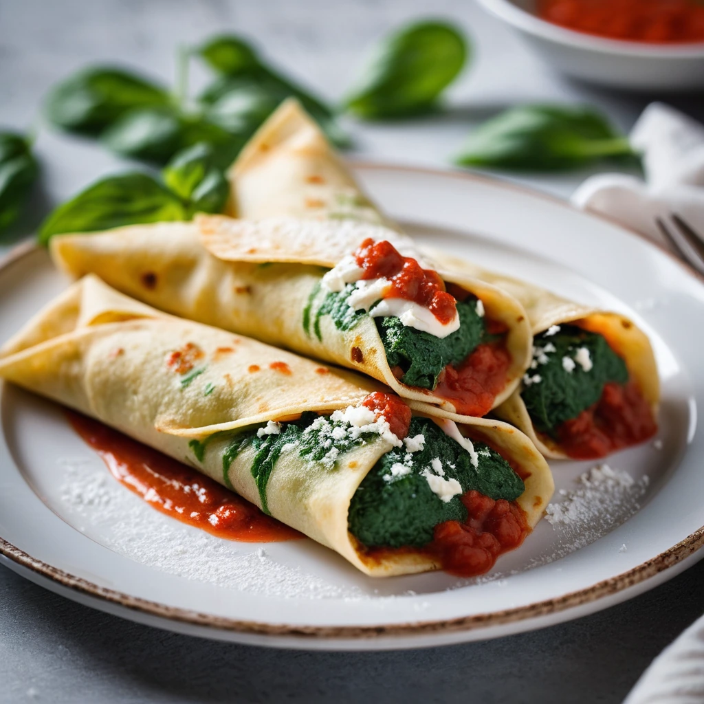 Golden crepes folded into triangles, filled with vibrant green spinach and ricotta, topped with rich red marinara sauce.