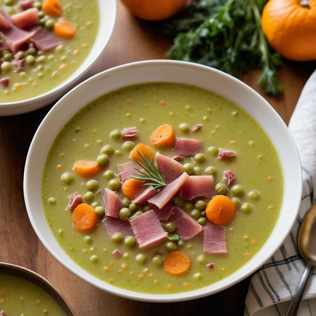 Golden yellow soup with chunks of ham and orange carrot slices in a deep bowl