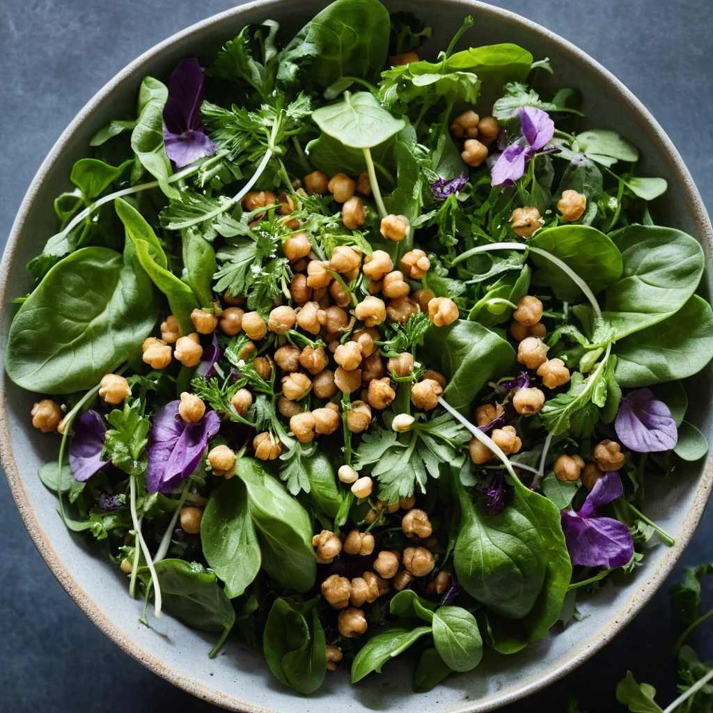 Colorful spring greens in a bowl topped with golden crispy chickpeas and a sprinkle of herbs.