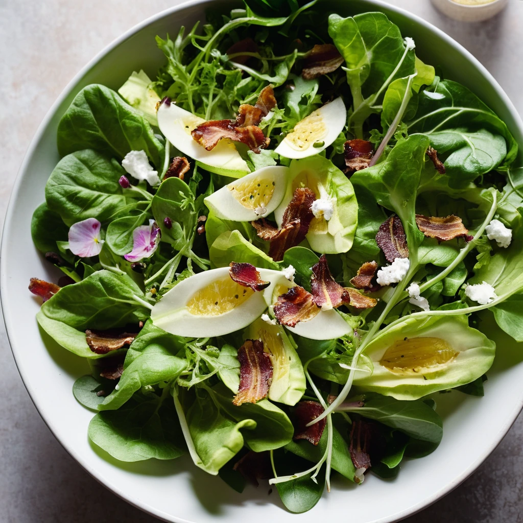 A vibrant green salad in a white bowl with crumbled bacon and a drizzle of golden vinaigrette