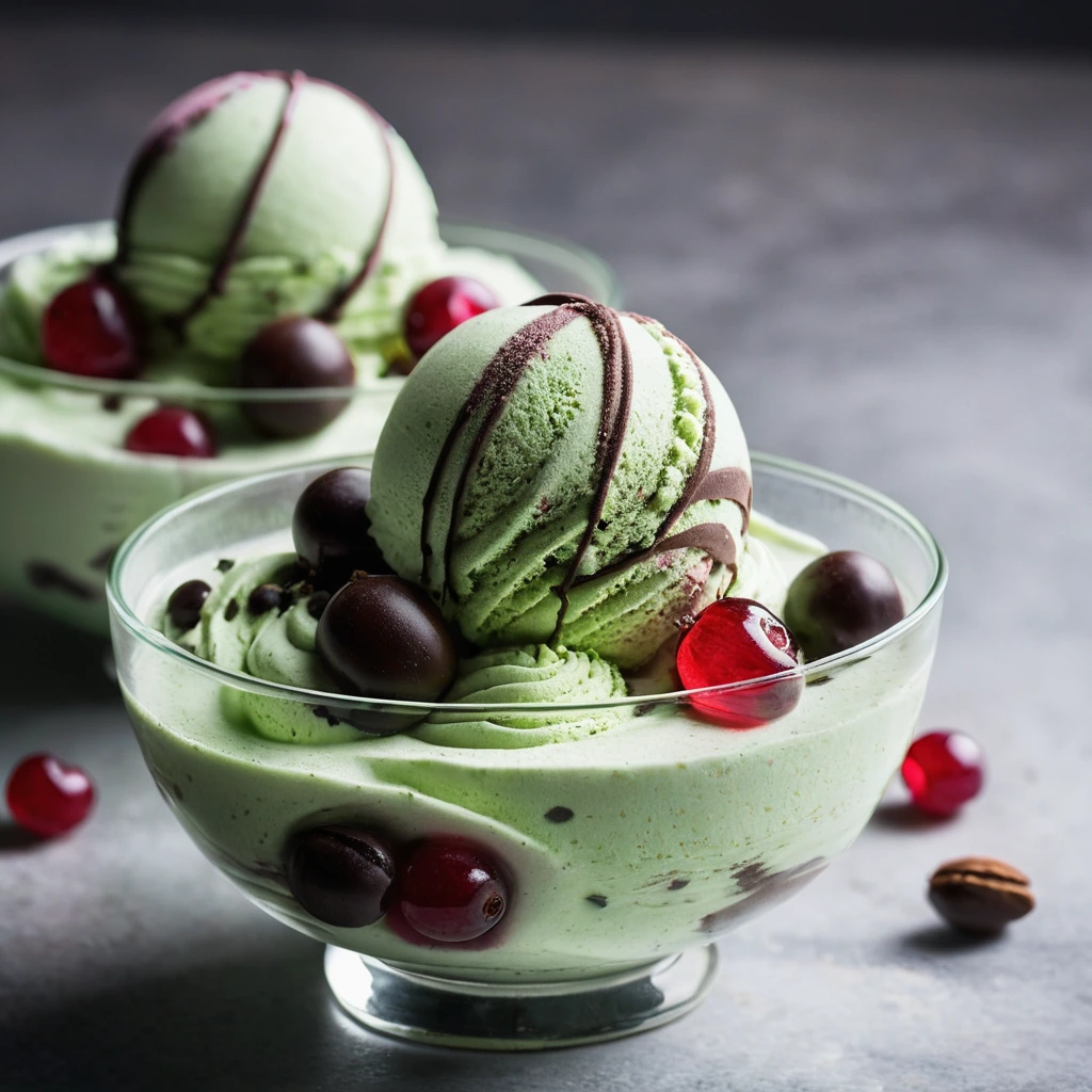 Three scoops of spumoni ice cream in a bowl, showcasing green pistachio, red cherry swirl, and dark chocolate hues.