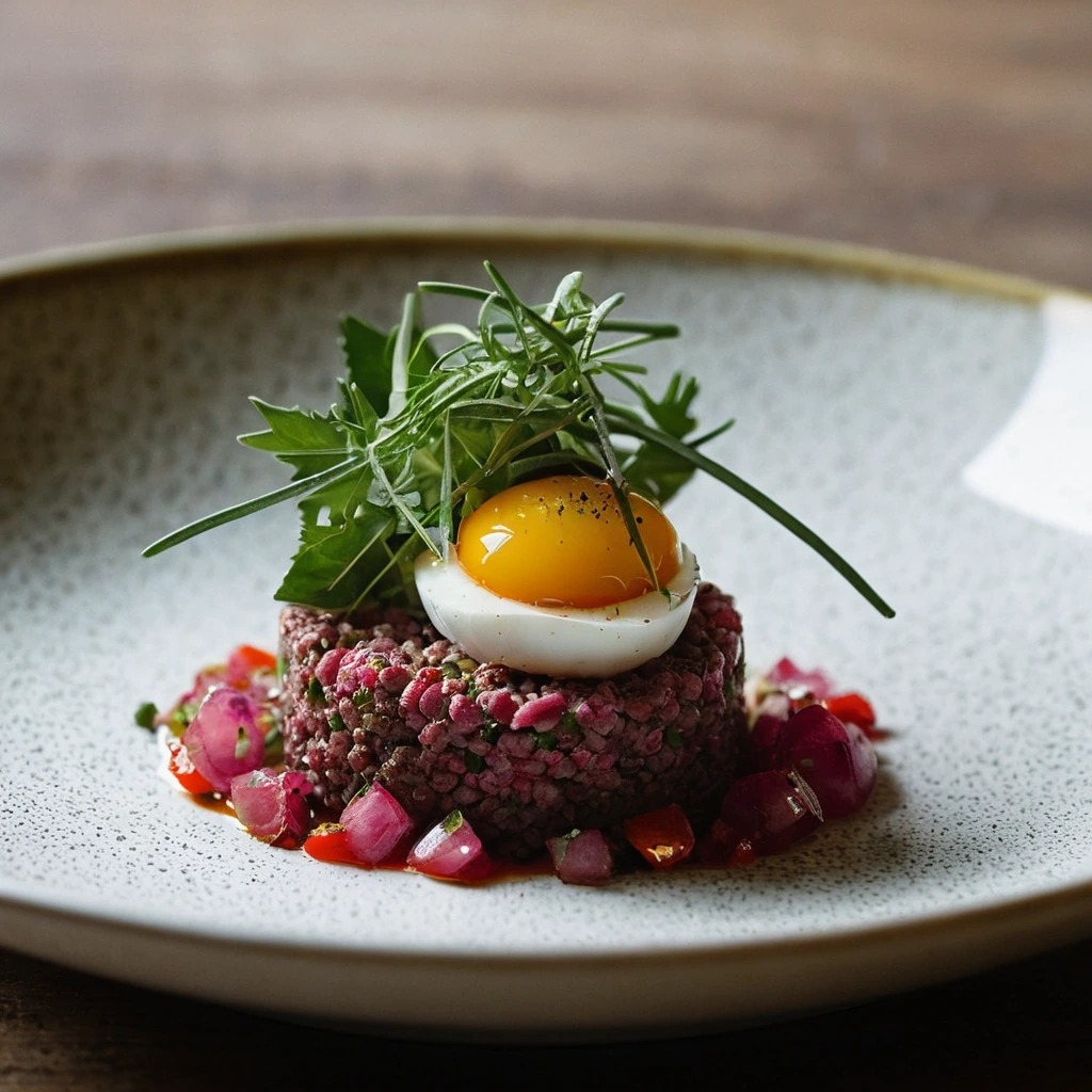 Rustic plate with a mound of vibrant red steak tartare crowned with a golden runny egg yolk and fresh herbs.